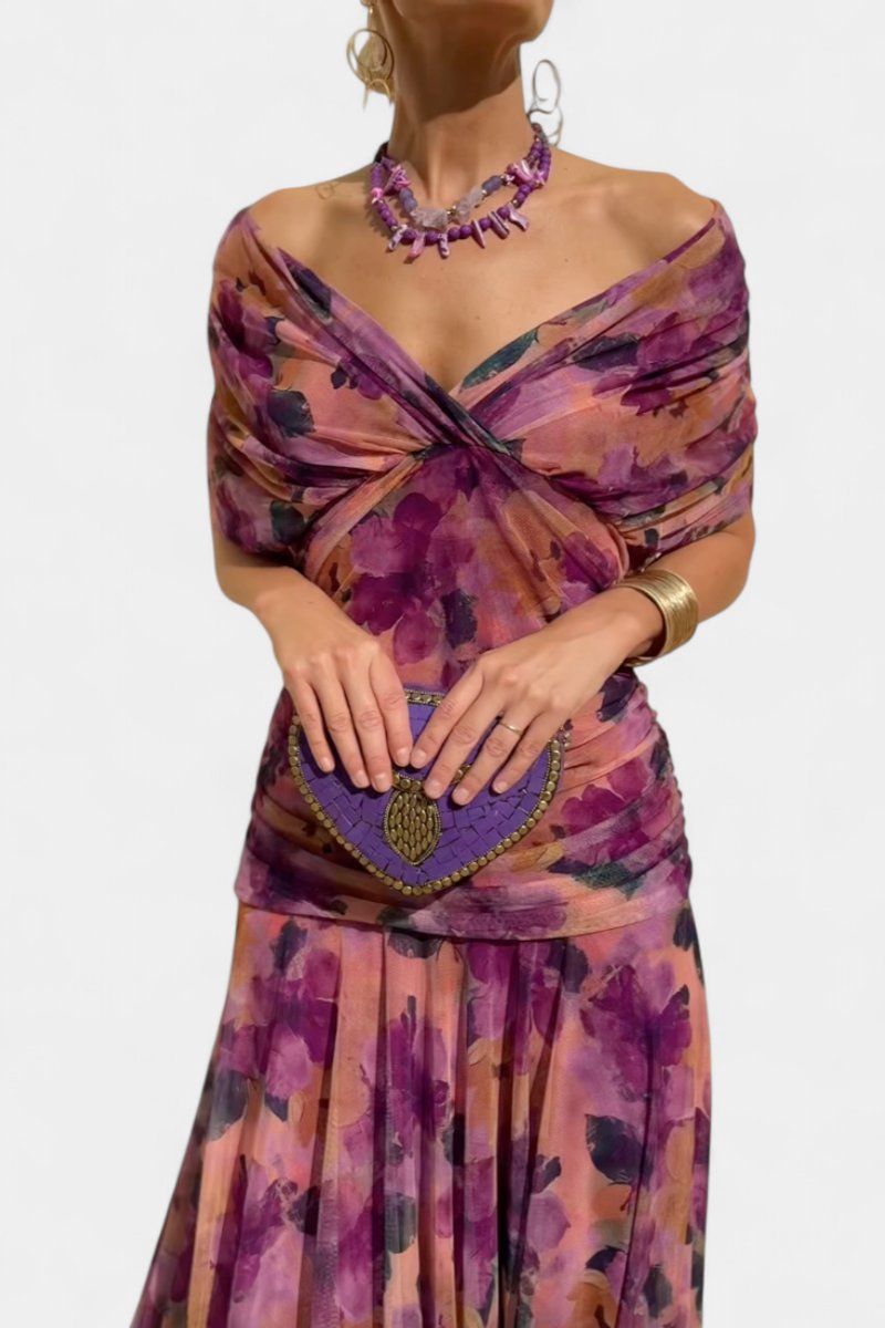 Women's V-Neck Ruched Chiffon Formal Dress Elegant Maxi Gown