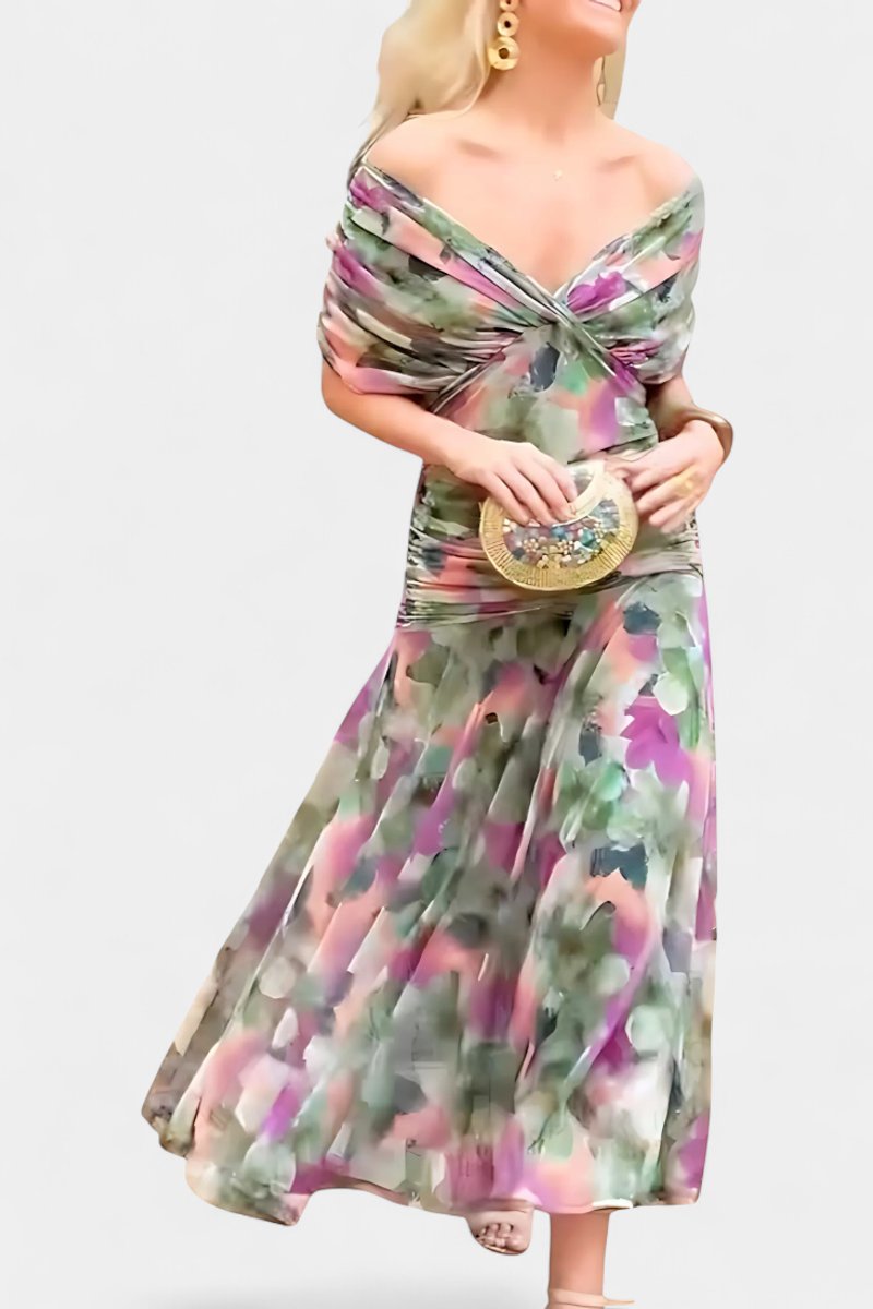 Women's V-Neck Ruched Chiffon Formal Dress Elegant Maxi Gown