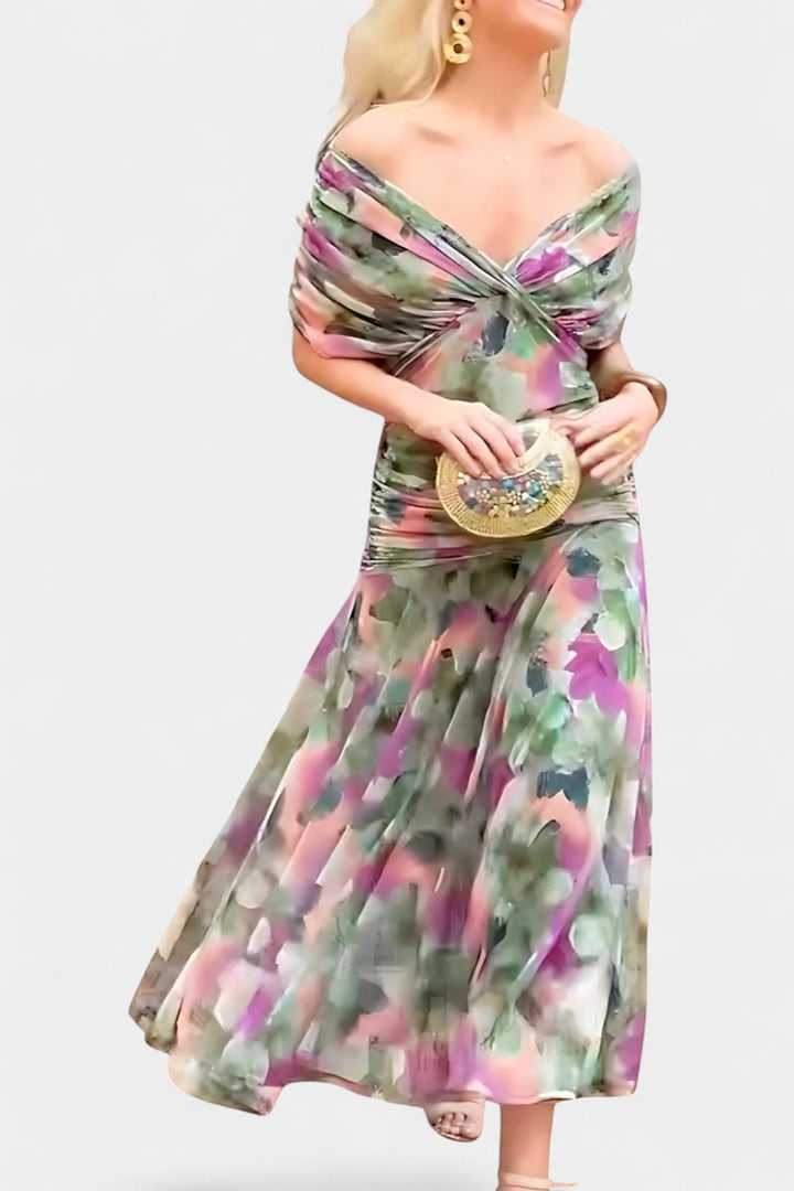 Women's V-Neck Ruched Chiffon Formal Dress Elegant Maxi Gown