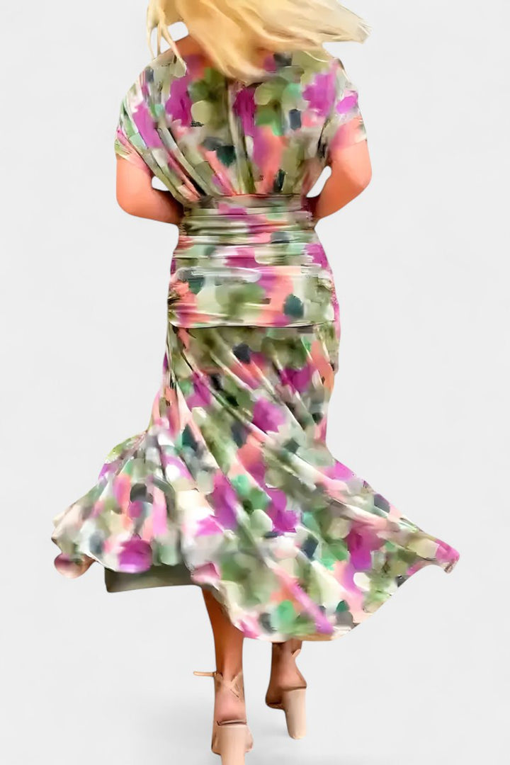 Women's V-Neck Ruched Chiffon Formal Dress Elegant Maxi Gown