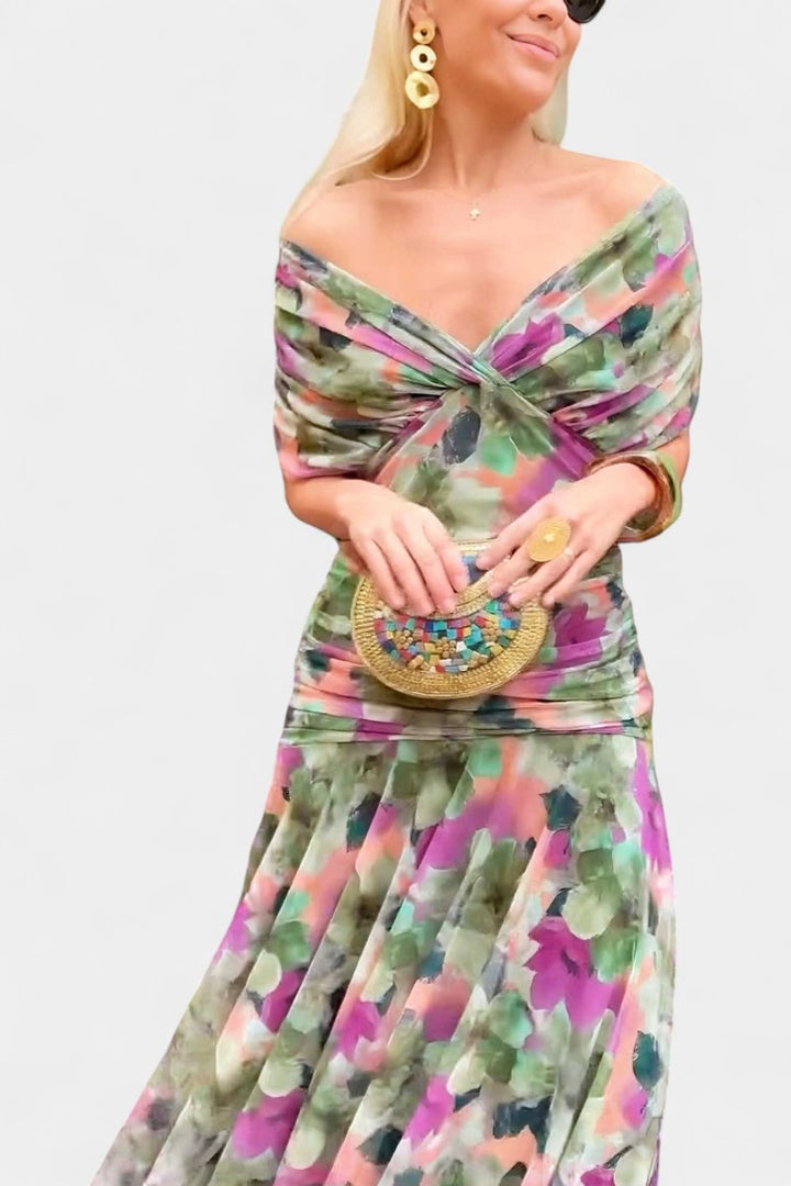 Women's V-Neck Ruched Chiffon Formal Dress Elegant Maxi Gown