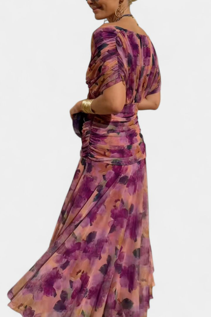 Women's V-Neck Ruched Chiffon Formal Dress Elegant Maxi Gown