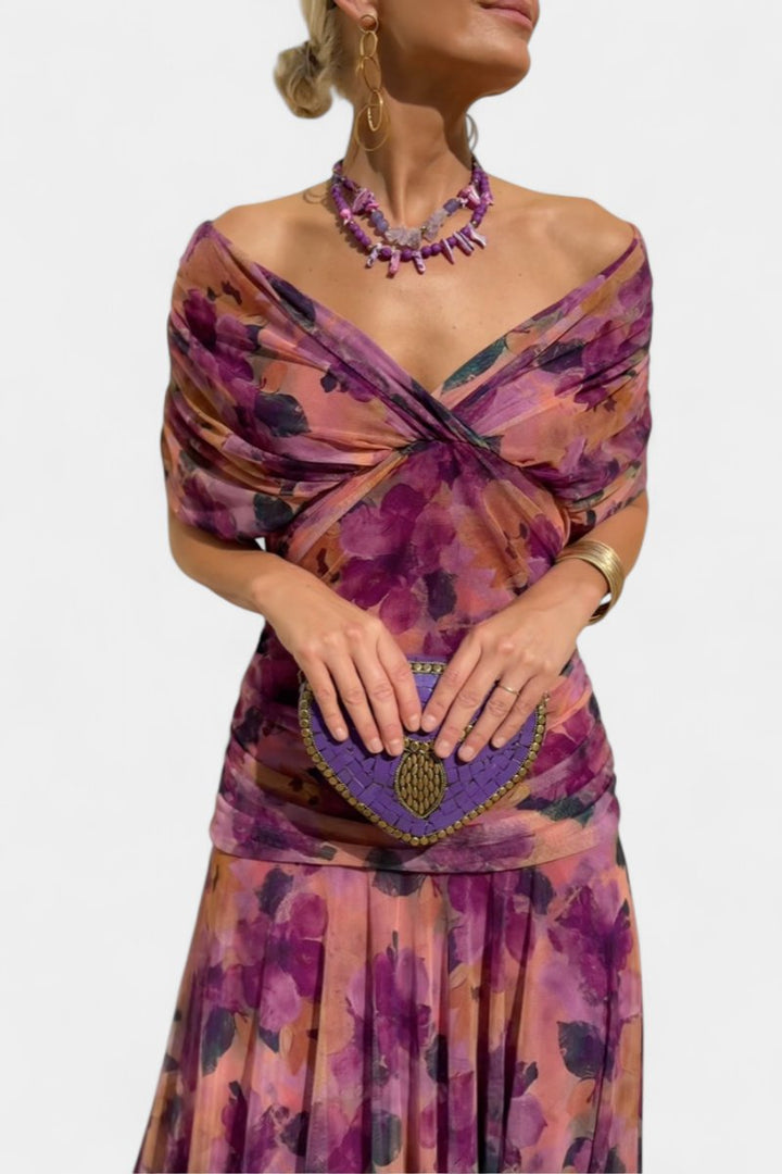 Women's V-Neck Ruched Chiffon Formal Dress Elegant Maxi Gown