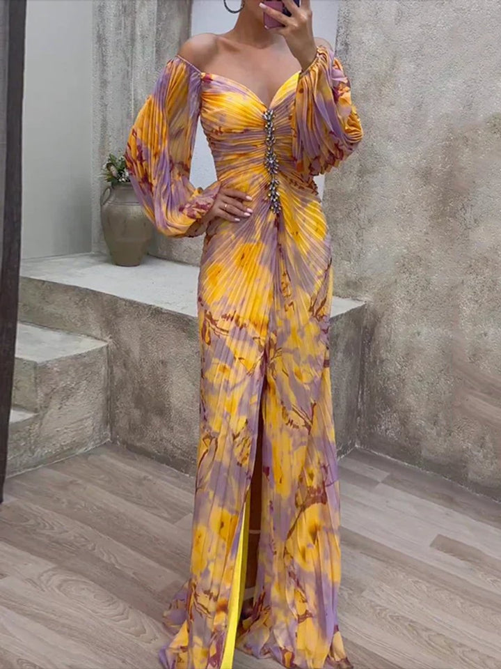 Women's V-Neck Ruched Chiffon Long-Sleeve Formal Dress