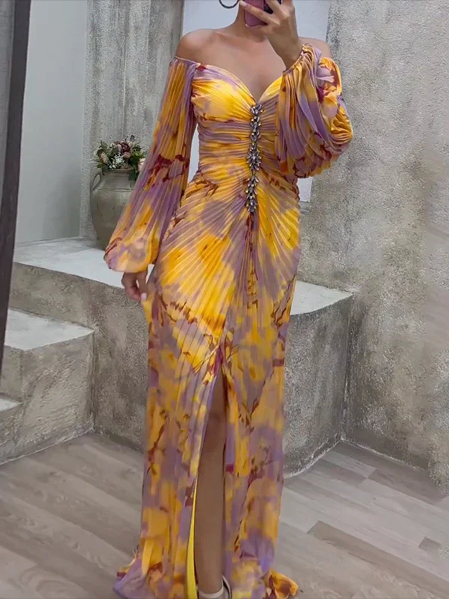 Women's V-Neck Ruched Chiffon Long-Sleeve Formal Dress