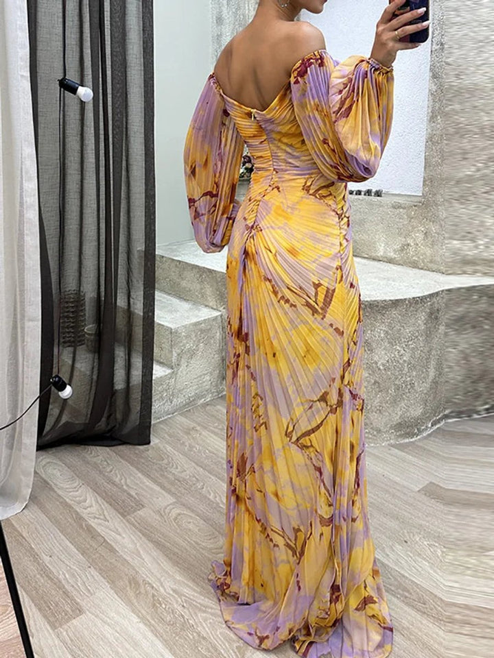 Women's V-Neck Ruched Chiffon Long-Sleeve Formal Dress