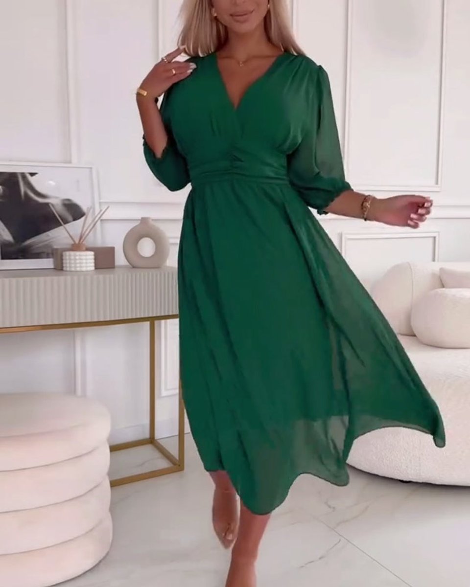Women's V-Neck Ruched-Waist Chiffon Fall Midi Dress