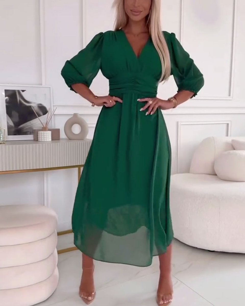 Women's V-Neck Ruched-Waist Chiffon Fall Midi Dress