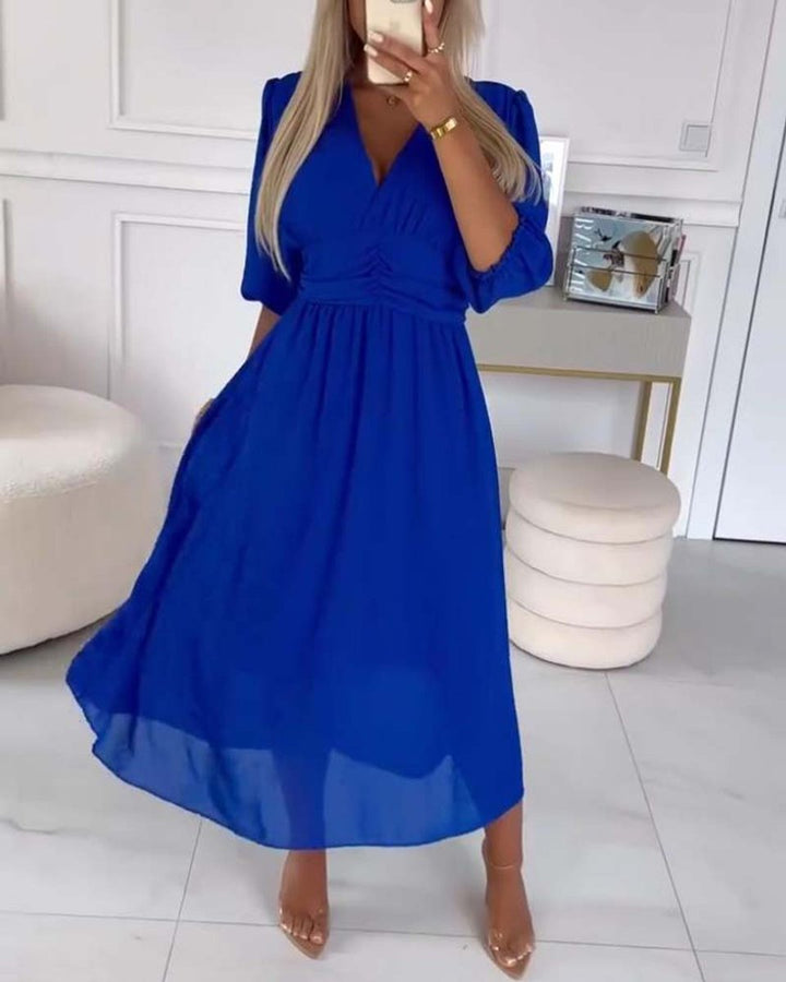 Women's V-Neck Ruched-Waist Chiffon Fall Midi Dress