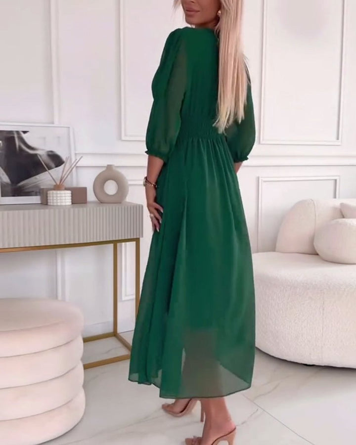 Women's V-Neck Ruched-Waist Chiffon Fall Midi Dress