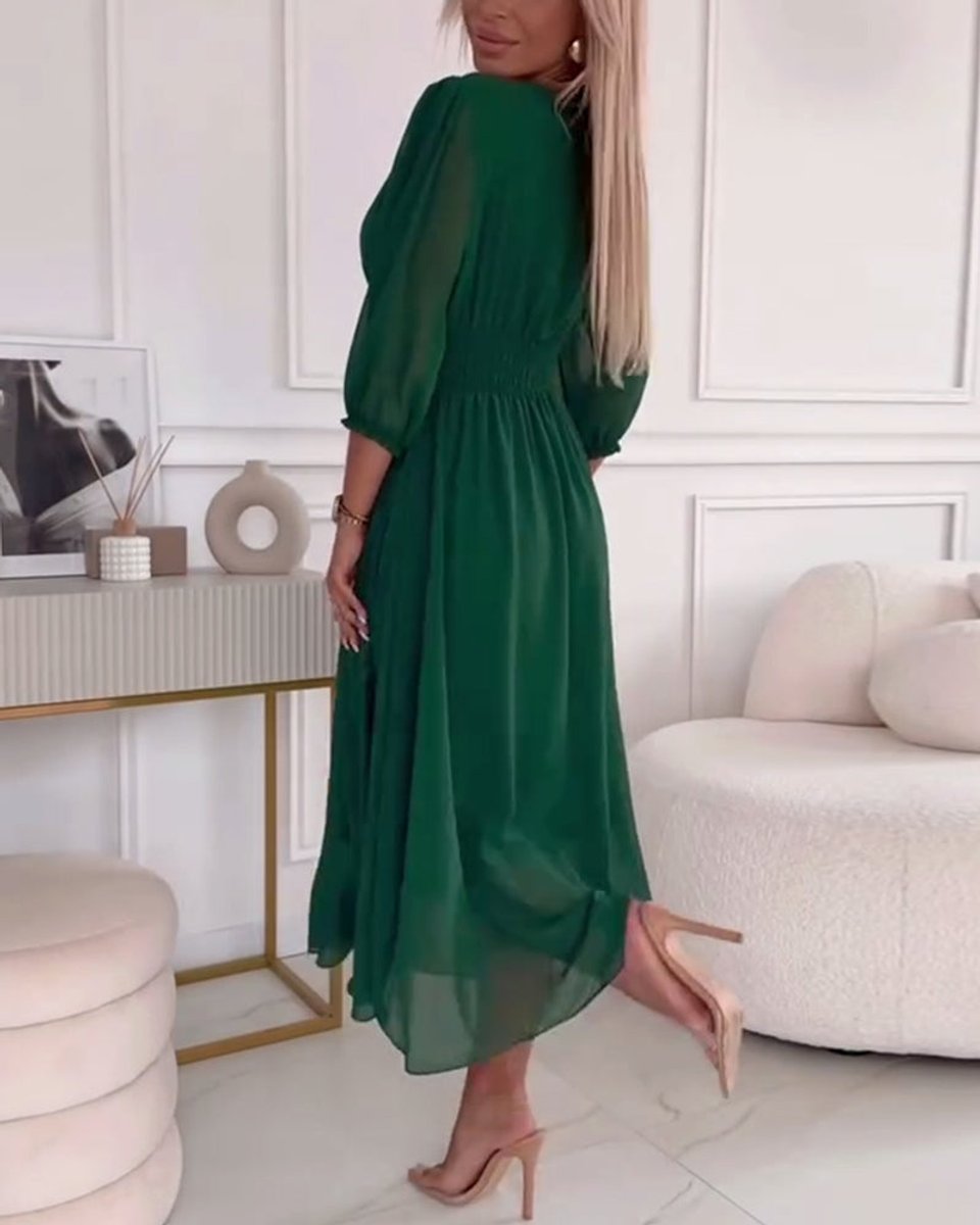 Women's V-Neck Ruched-Waist Chiffon Fall Midi Dress