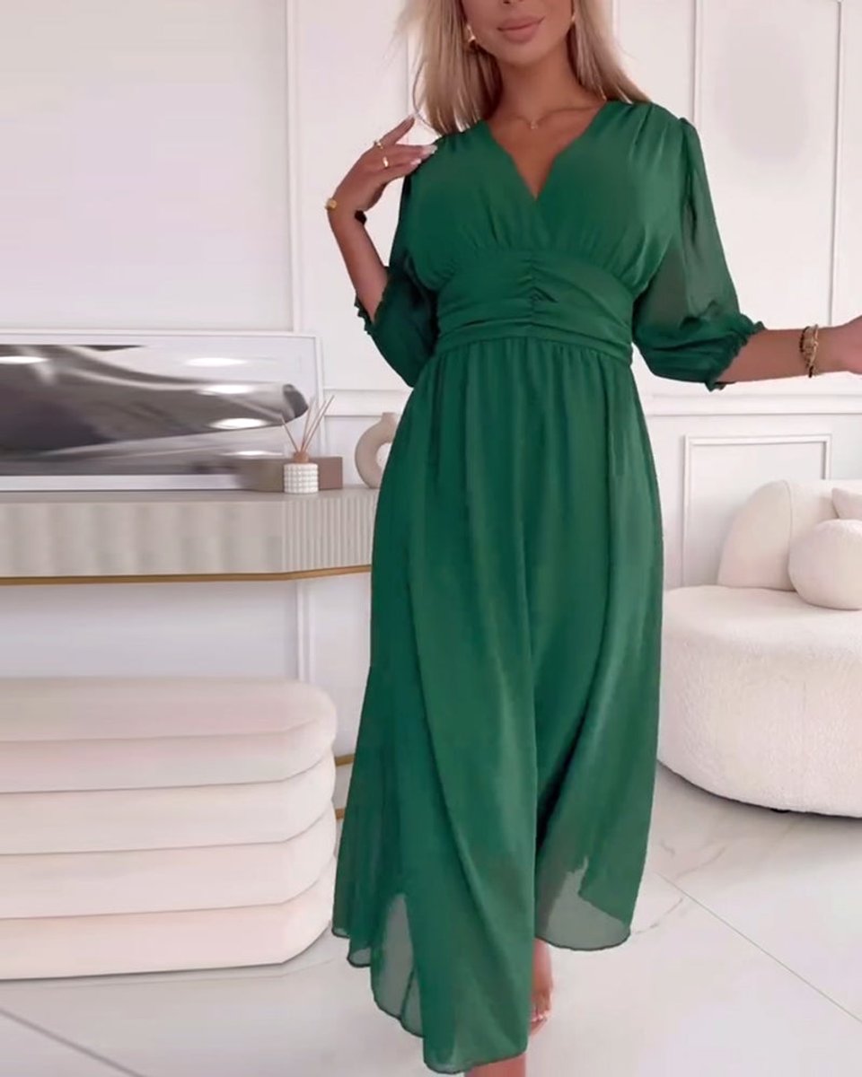 Women's V-Neck Ruched-Waist Chiffon Fall Midi Dress