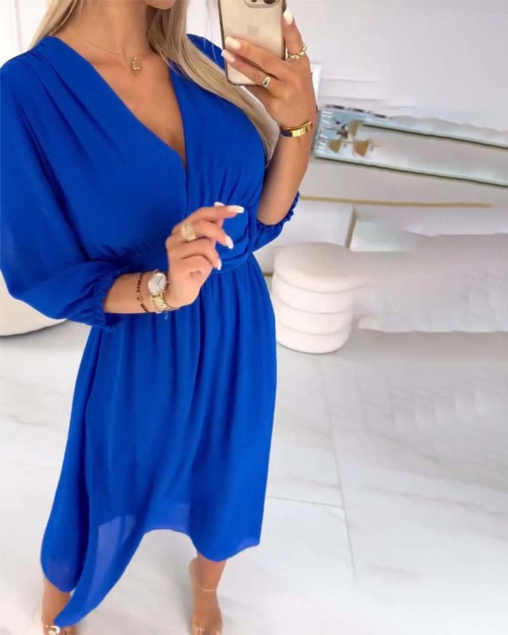 Women's V-Neck Ruched-Waist Chiffon Fall Midi Dress