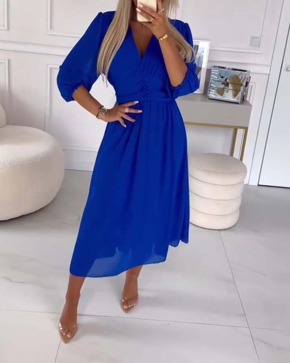 Women's V-Neck Ruched-Waist Chiffon Fall Midi Dress