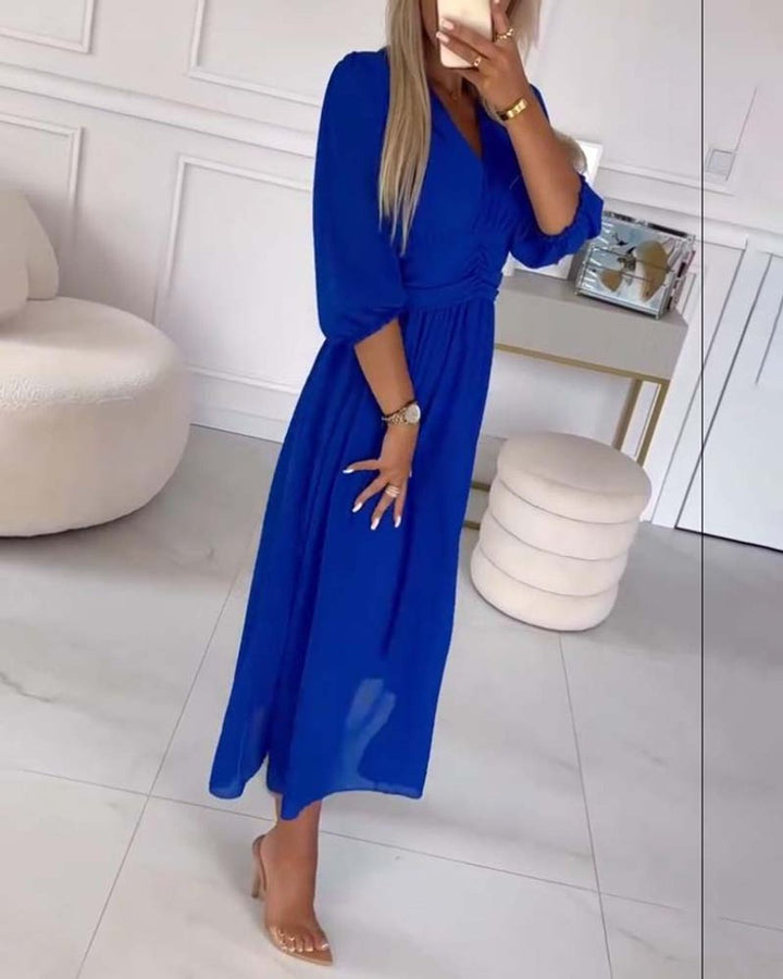 Women's V-Neck Ruched-Waist Chiffon Fall Midi Dress