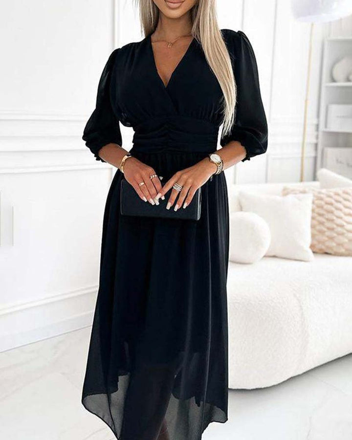 Women's V-Neck Ruched-Waist Chiffon Fall Midi Dress