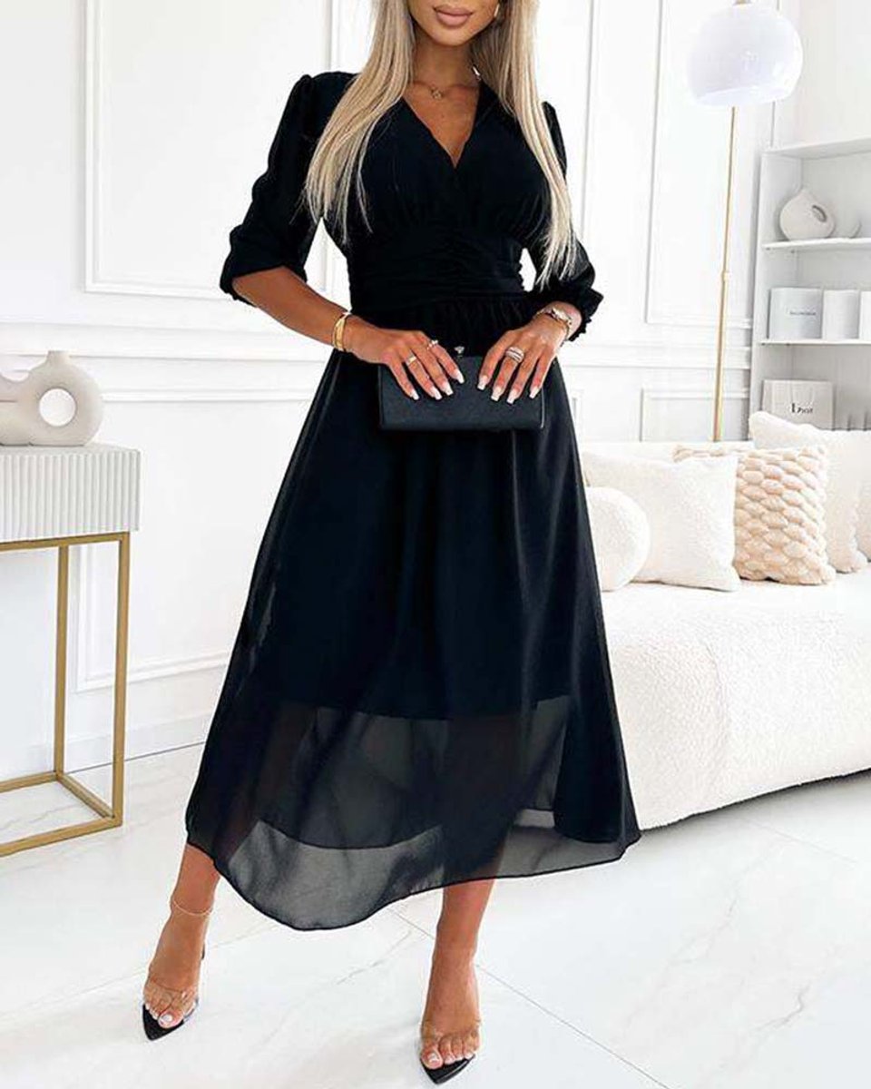 Women's V-Neck Ruched-Waist Chiffon Fall Midi Dress