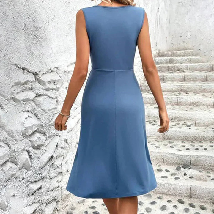 Women's V-Neck Ruched-Waist Sleeveless Fall Midi Dress