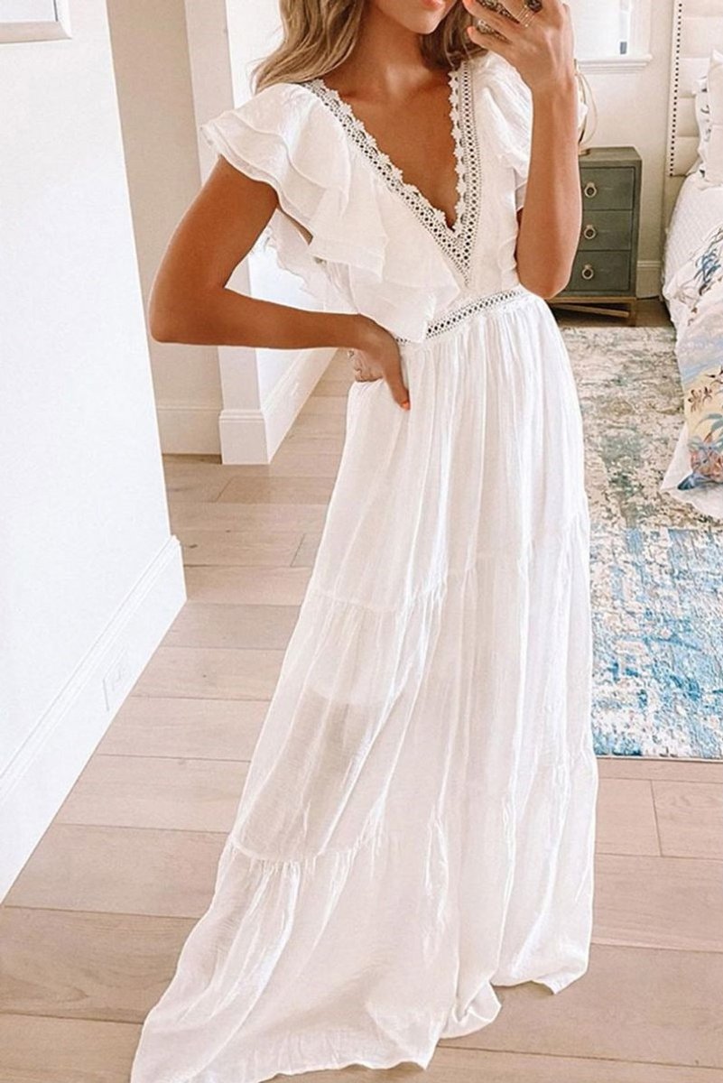 Women's V-Neck Ruffle-Sleeve Tiered Fall Midi Dress