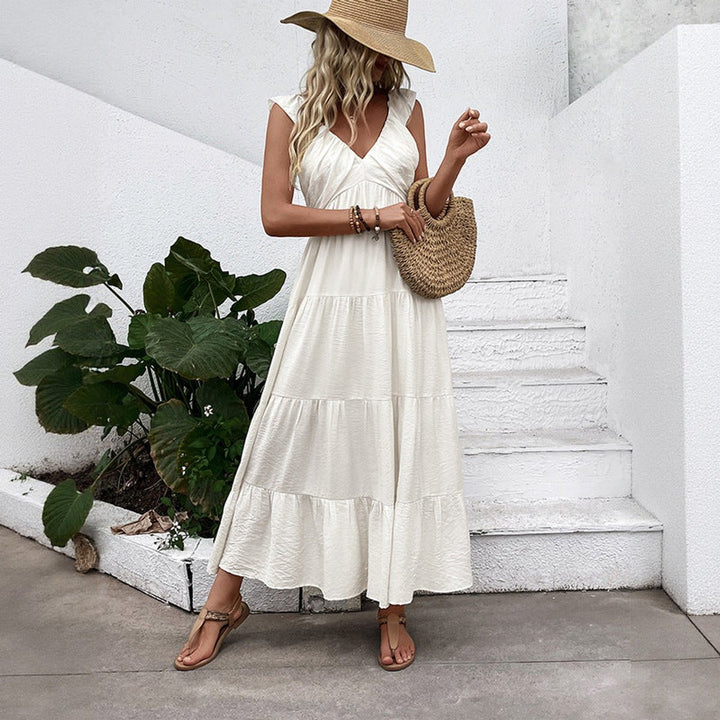 Women's V-Neck Ruffle-Sleeve Tiered Fall Midi Dress