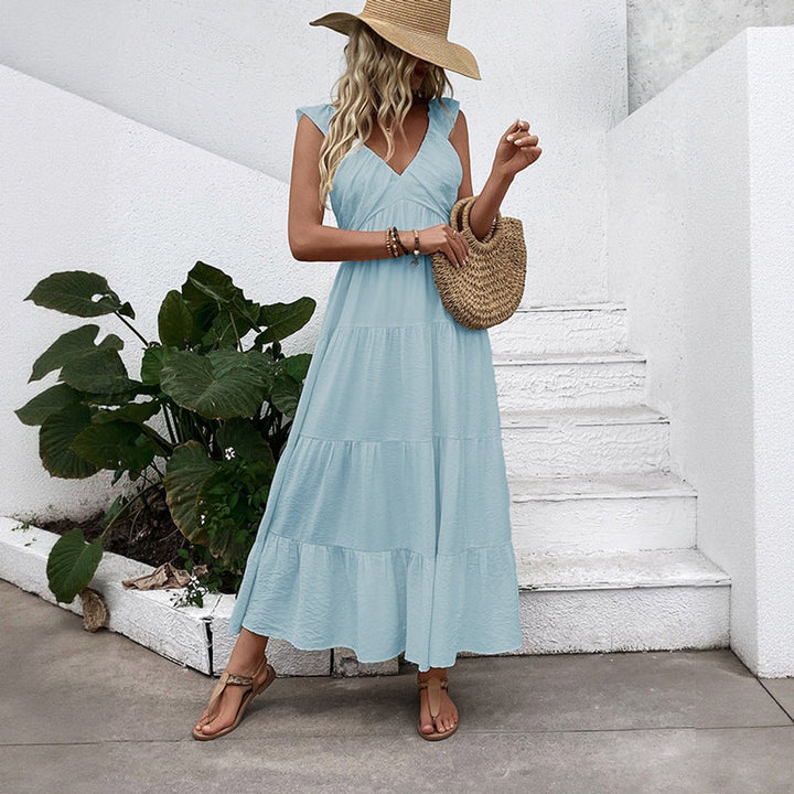 Women's V-Neck Ruffle-Sleeve Tiered Fall Midi Dress