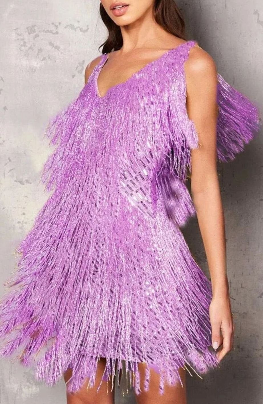 Women's V-Neck Sequin Fringe Tiered Cocktail Dress - Purple