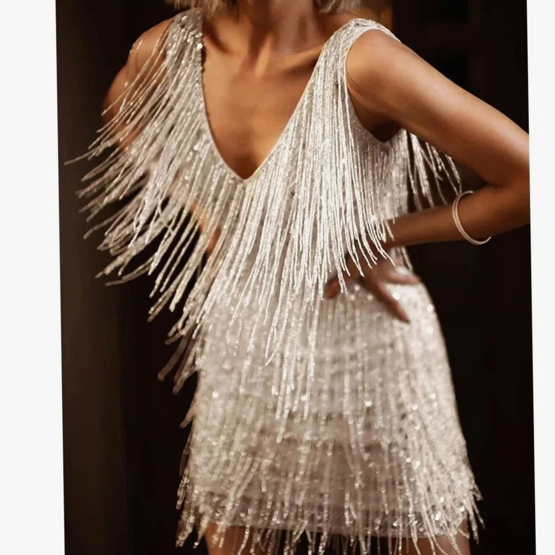 Women's V-Neck Sequin Fringe Tiered Cocktail Dress - Silver