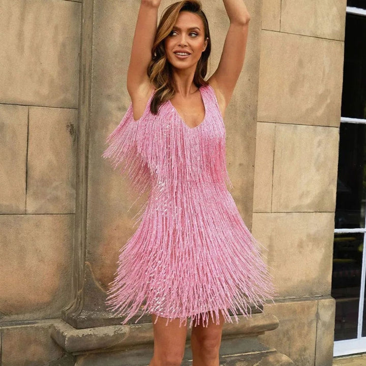 Women's V-Neck Sequin Fringe Tiered Cocktail Dress - Pink