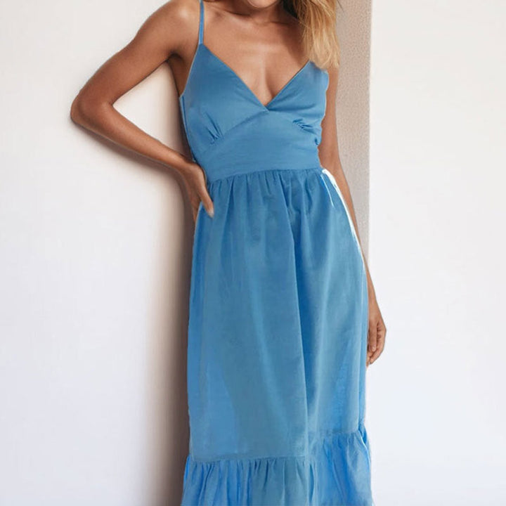 Women's V-Neck Spaghetti Strap Fall Midi Dress Ruffled Hem