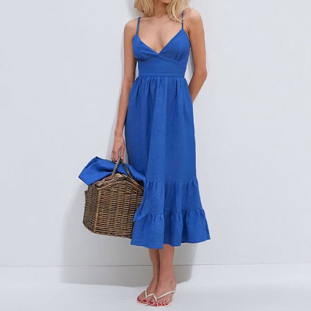 Women's V-Neck Spaghetti Strap Fall Midi Dress Ruffled Hem