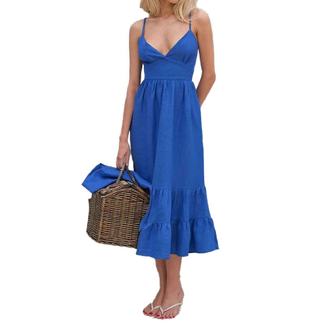 Women's V-Neck Spaghetti Strap Fall Midi Dress Ruffled Hem