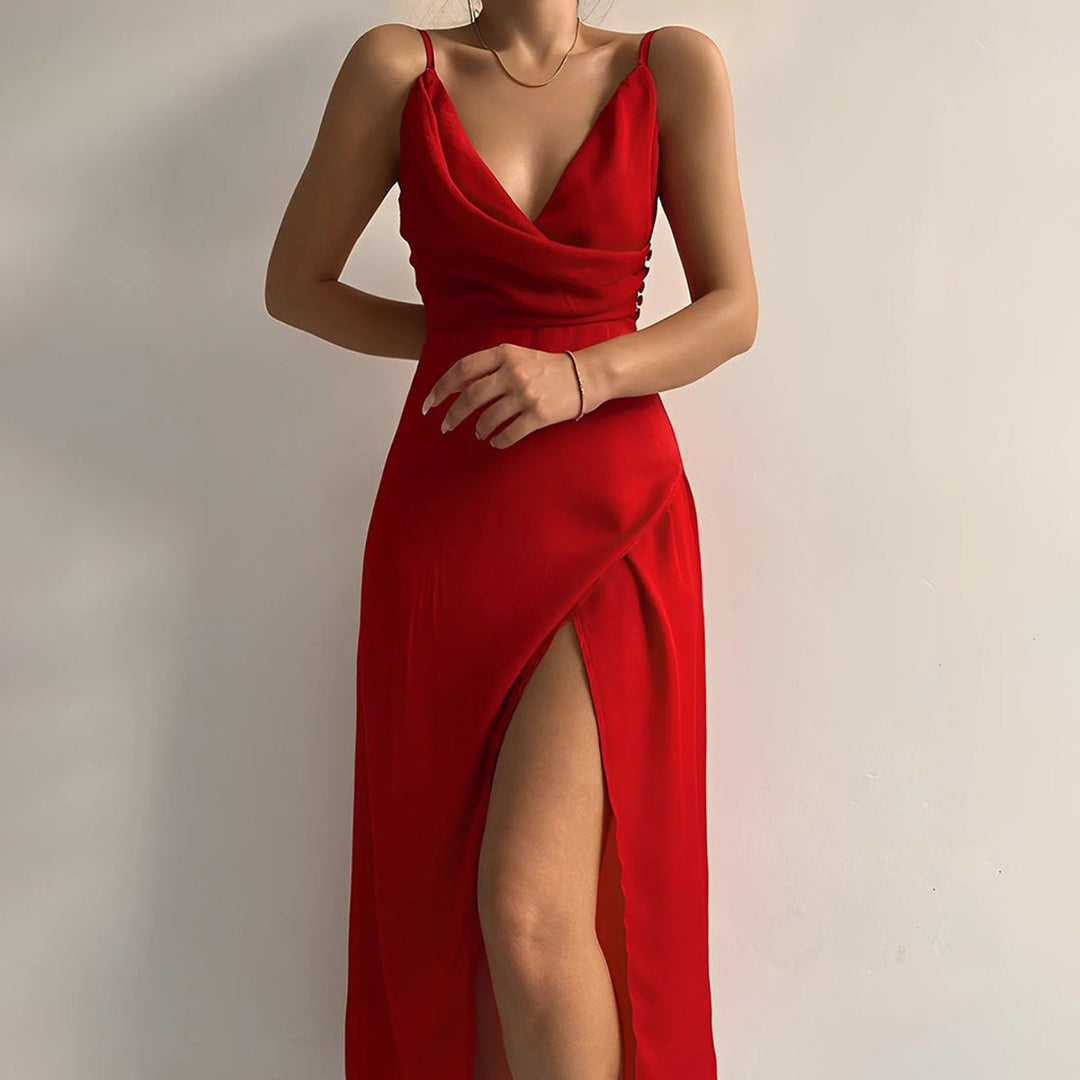 Women's V-Neck Spaghetti Strap Maxi Formal Dress High Slit