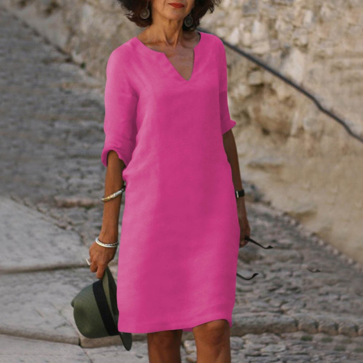 Women's V-Neck Three-Quarter Sleeve Shift Midi Formal Dress