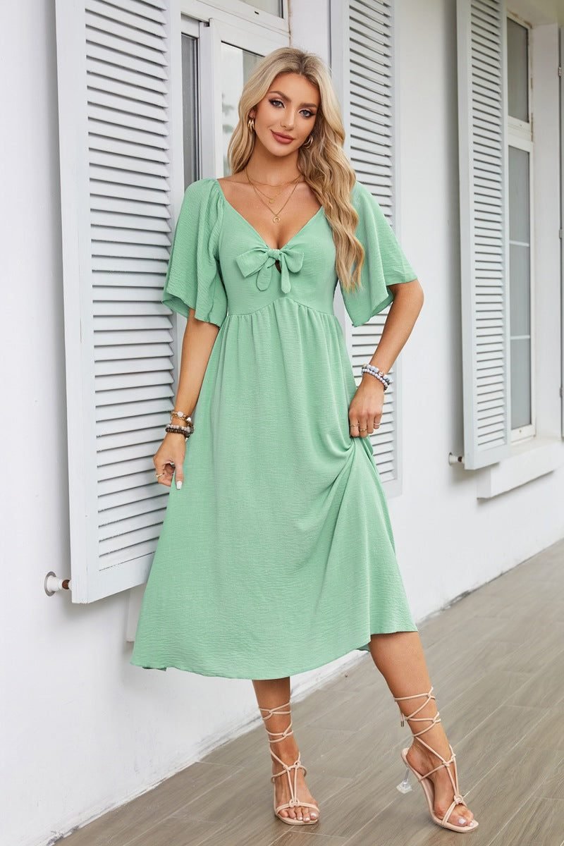 Women's V-Neck Tie-Front Flutter Sleeve Midi Formal Dress