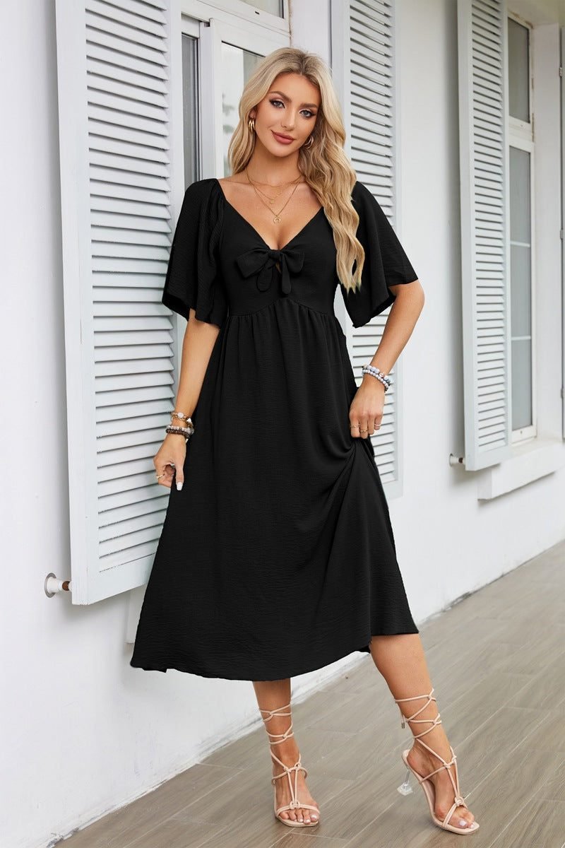Women's V-Neck Tie-Front Flutter Sleeve Midi Formal Dress