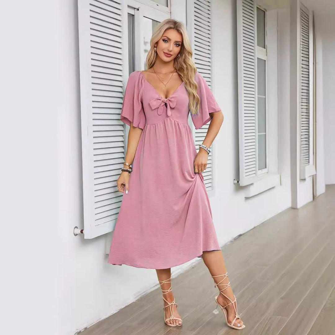 Women's V-Neck Tie-Front Flutter Sleeve Midi Formal Dress