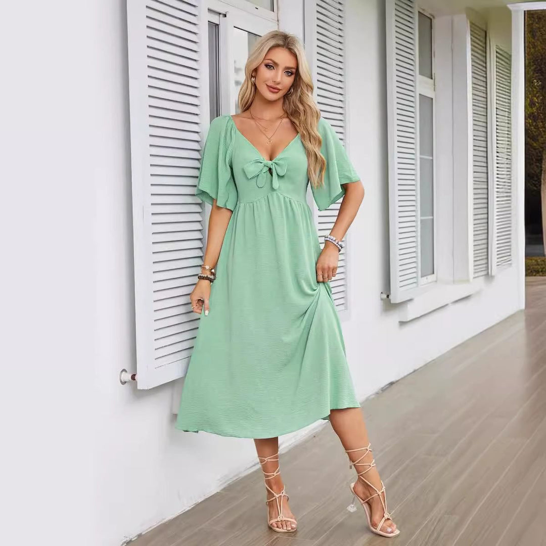 Women's V-Neck Tie-Front Flutter Sleeve Midi Formal Dress