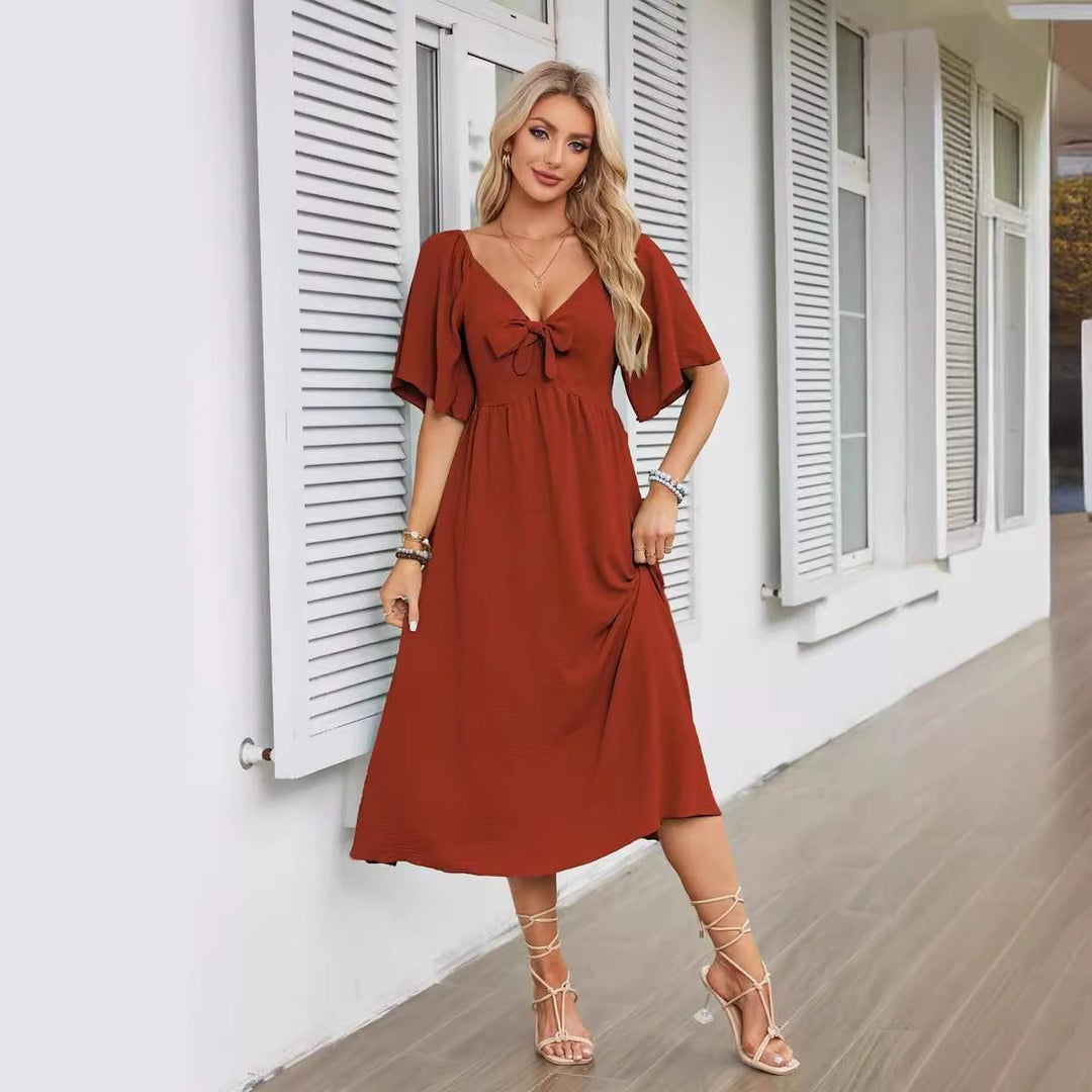 Women's V-Neck Tie-Front Flutter Sleeve Midi Formal Dress