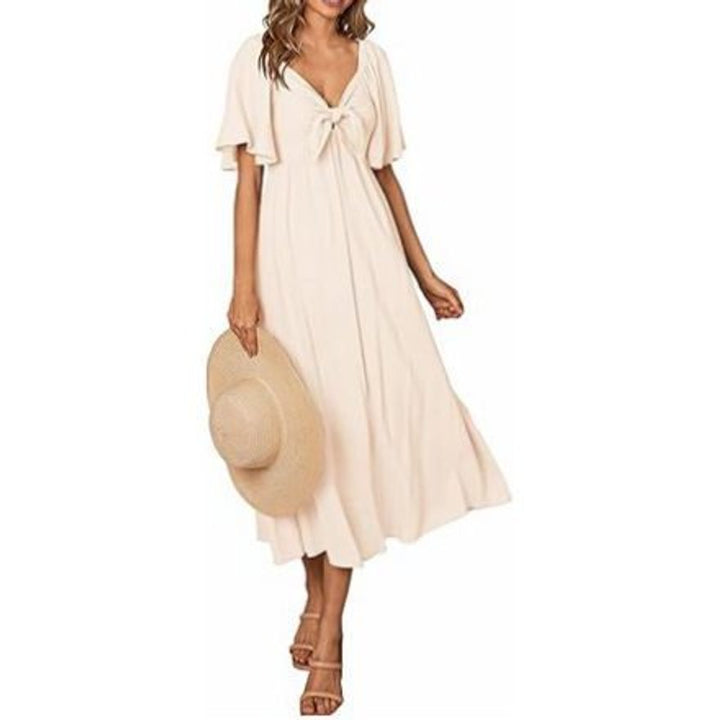 Women's V-Neck Tie-Front Flutter Sleeve Midi Formal Dress