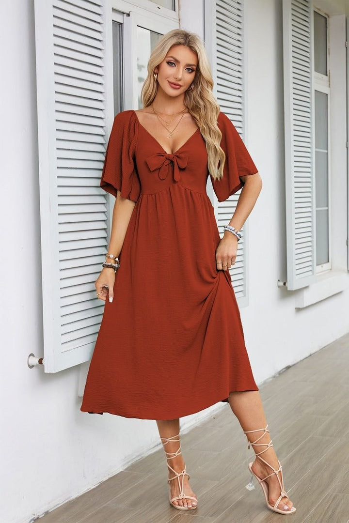 Women's V-Neck Tie-Front Flutter Sleeve Midi Formal Dress