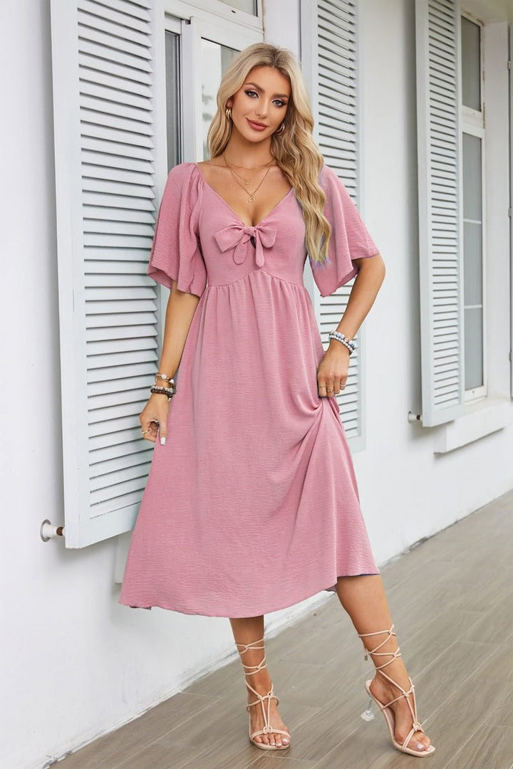 Women's V-Neck Tie-Front Flutter Sleeve Midi Formal Dress