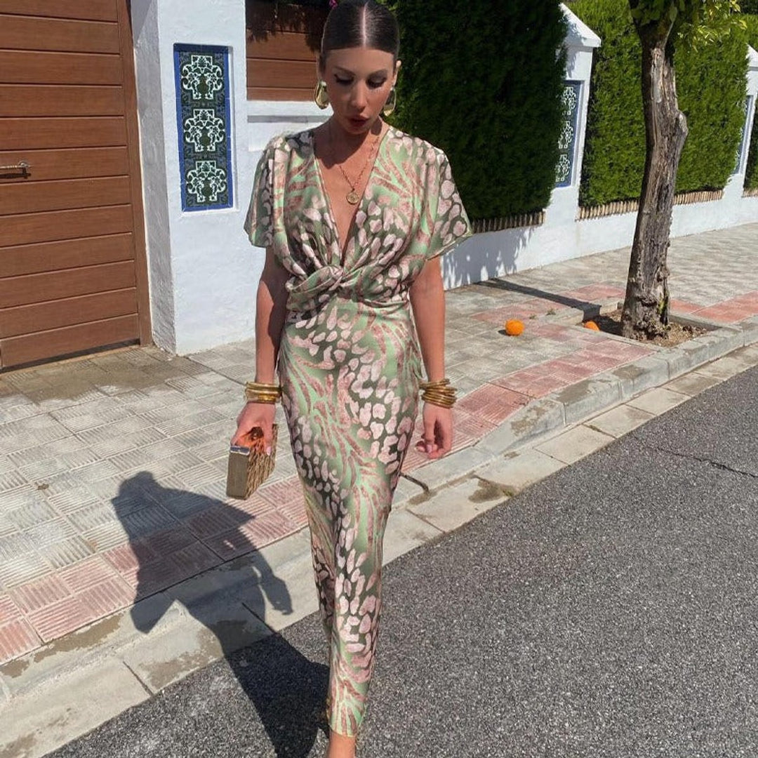 Women's V-Neck Twist-Front Printed Formal Dress Midi Length