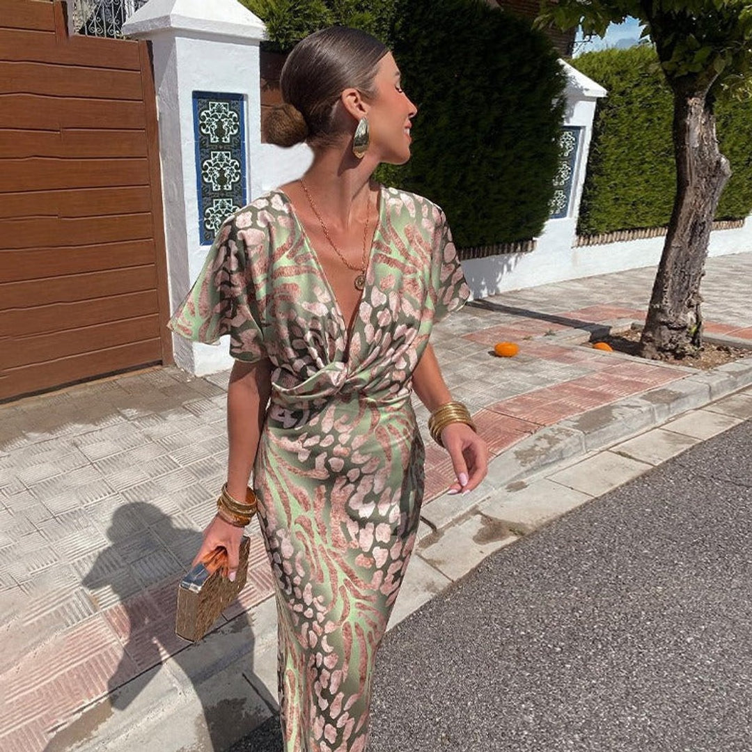 Women's V-Neck Twist-Front Printed Formal Dress Midi Length