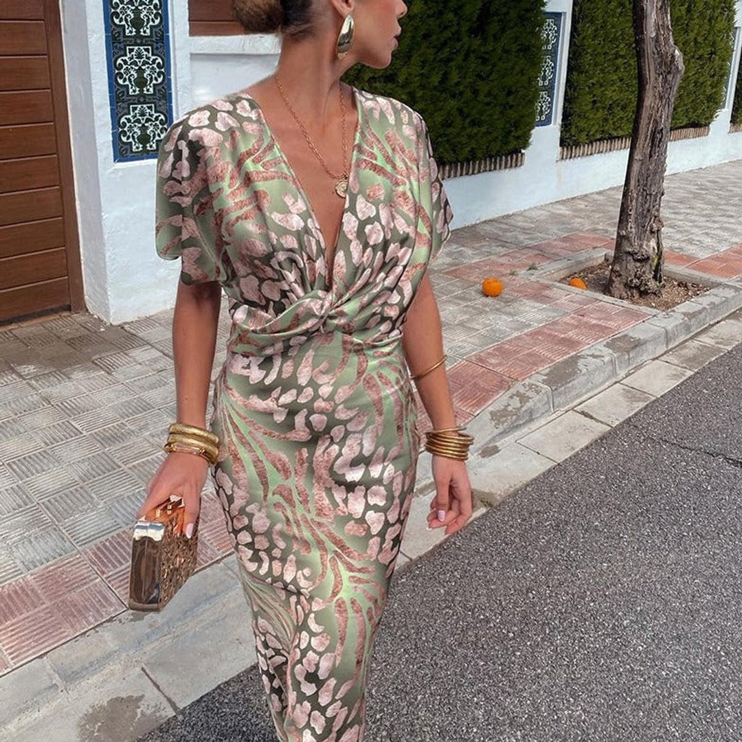Women's V-Neck Twist-Front Printed Formal Dress Midi Length