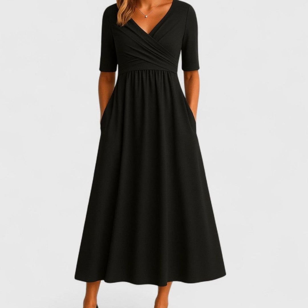 Women's V-Neck Wrap-Front A-Line Midi Summer Dress Pockets - Black