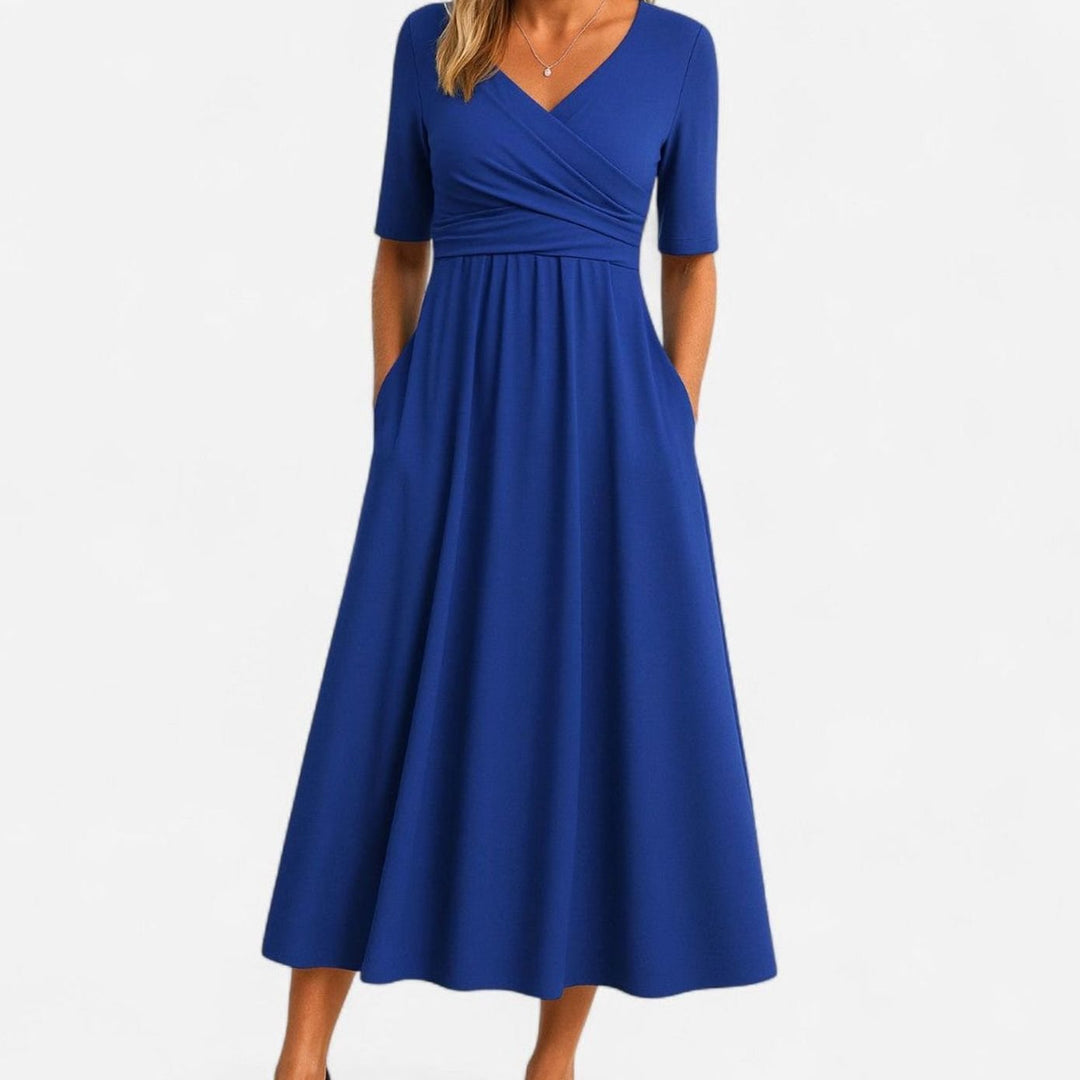 Women's V-Neck Wrap-Front A-Line Midi Summer Dress Pockets - Blue