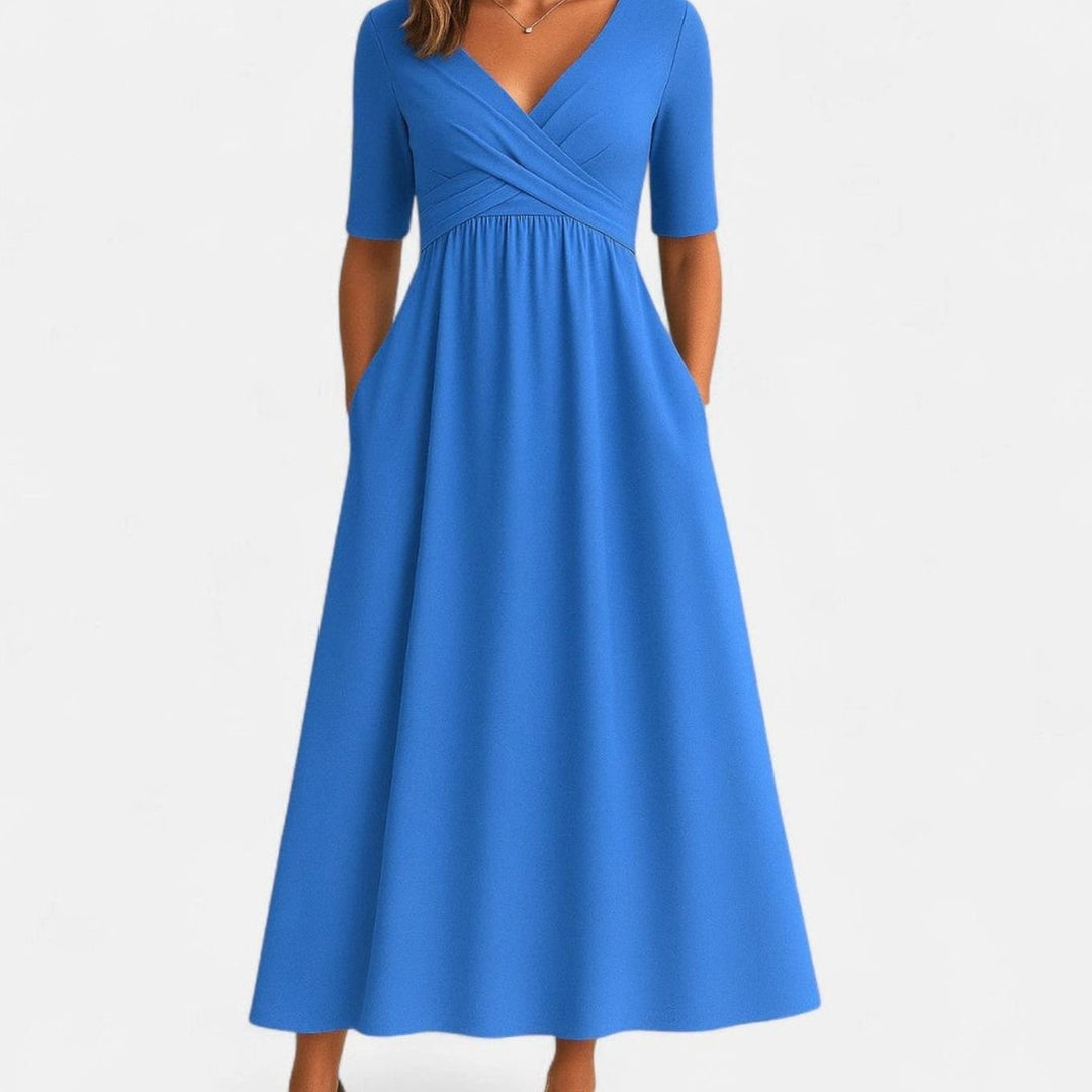 Women's V-Neck Wrap-Front A-Line Midi Summer Dress Pockets - Azure