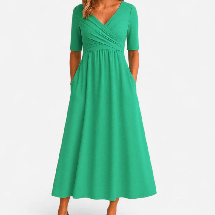 Women's V-Neck Wrap-Front A-Line Midi Summer Dress Pockets - Green