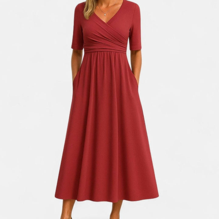 Women's V-Neck Wrap-Front A-Line Midi Summer Dress Pockets - Red