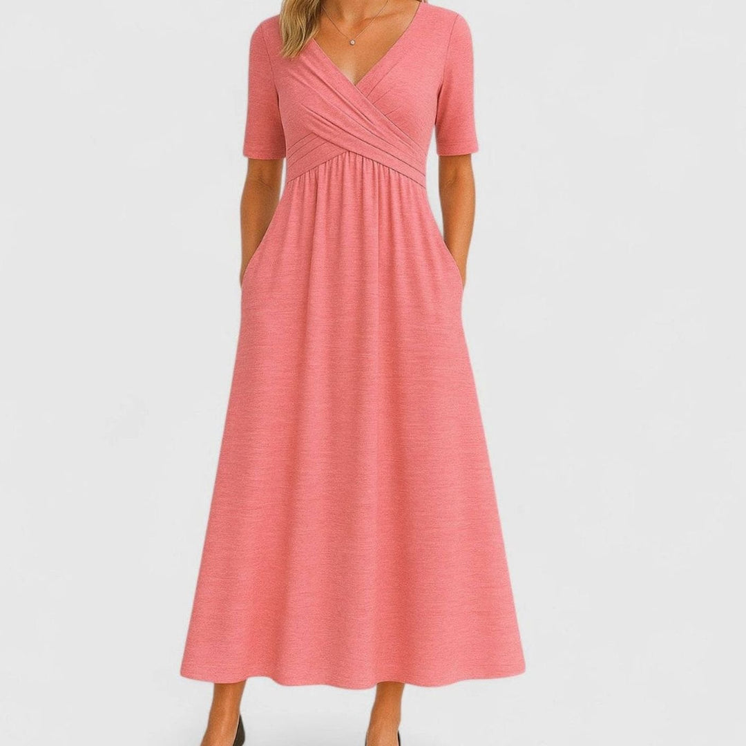 Women's V-Neck Wrap-Front A-Line Midi Summer Dress Pockets - Pink